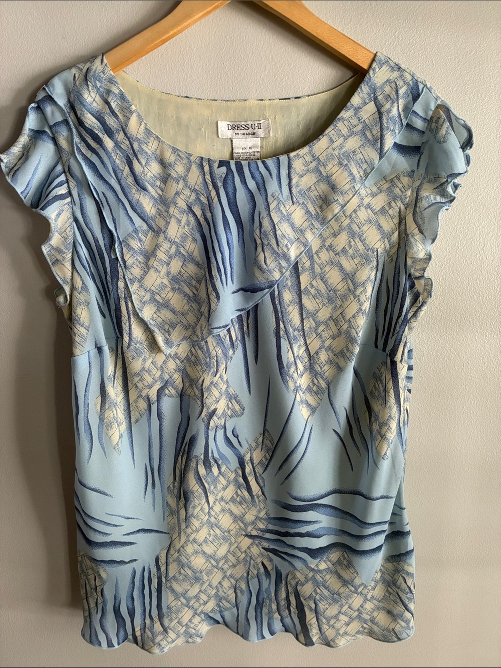 Vintage Dress-U-II by Sharon 1X Blue Abstract Ruffle Blouse Lined Flutter Sleeve